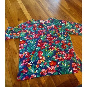 Vintage Women's Izod Floral AOP Shirt Parrots Bright Colors Short‎ Sleeves L